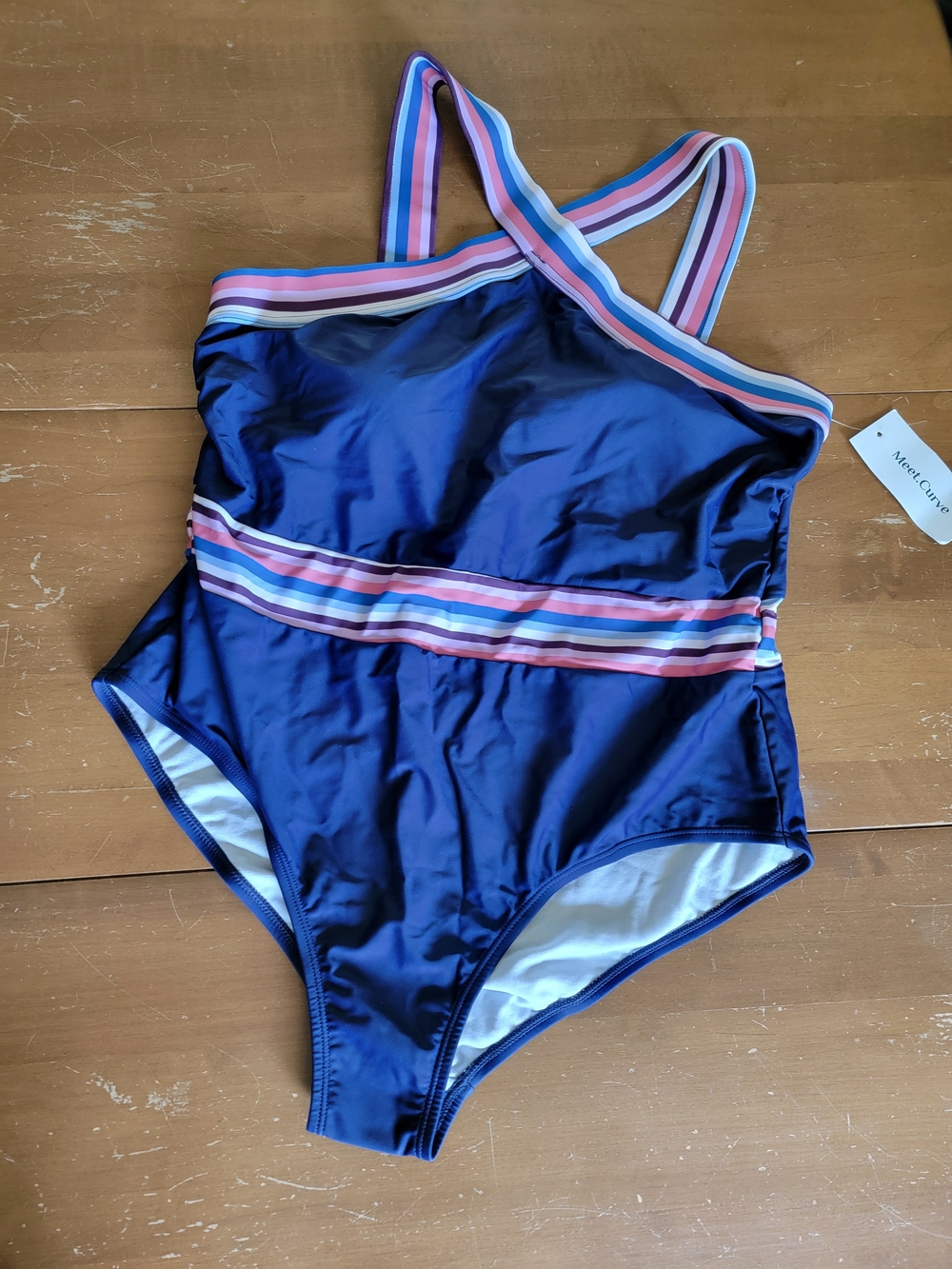 *SALE 2/$20* Crisscross Neck One Piece Swimsuit Navy With Pink & Blue Stripes XL